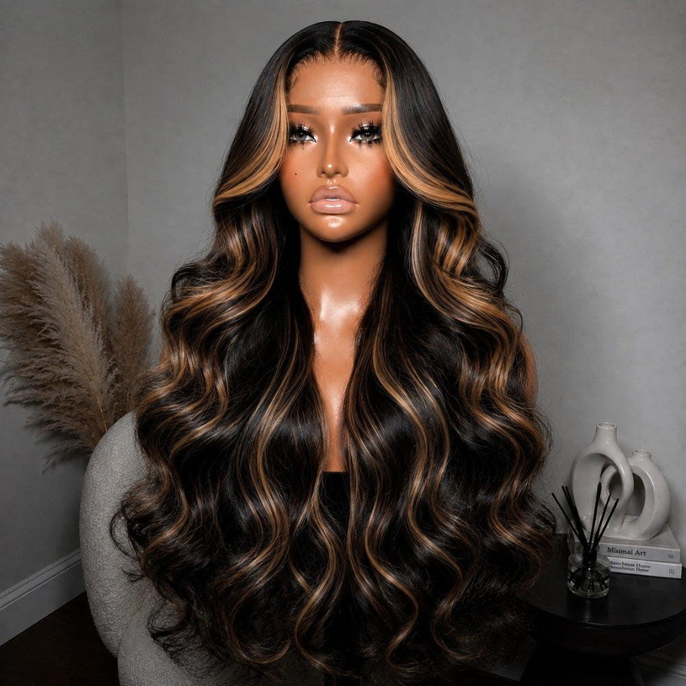 13x6 Glueless HD Lace 1B/27 Dark Brown with Honey Blonde Highlights Body Wave Lace Frontal Wig