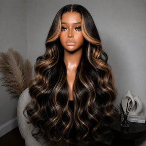 13x6 Glueless HD Lace 1B/27 Dark Brown with Honey Blonde Highlights Body Wave Lace Frontal Wig
