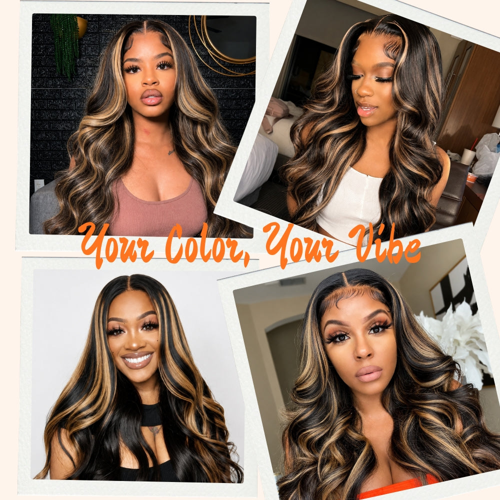 13x6 Glueless HD Lace 1B/27 Dark Brown with Honey Blonde Highlights Body Wave Lace Frontal Wig