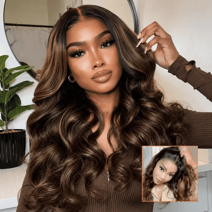 1B/30 Auburn Balayage Highlight Body Wave 13x6 Deep Part Glueless HD Lace Frontal Human Hair Wig With Curtain Bangs