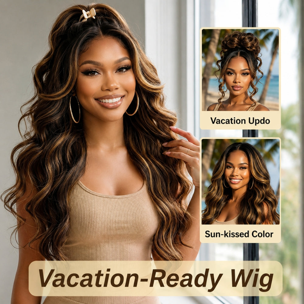 13x6 Glueless HD Lace 1B/27 Dark Brown with Honey Blonde Highlights Body Wave Lace Frontal Wig