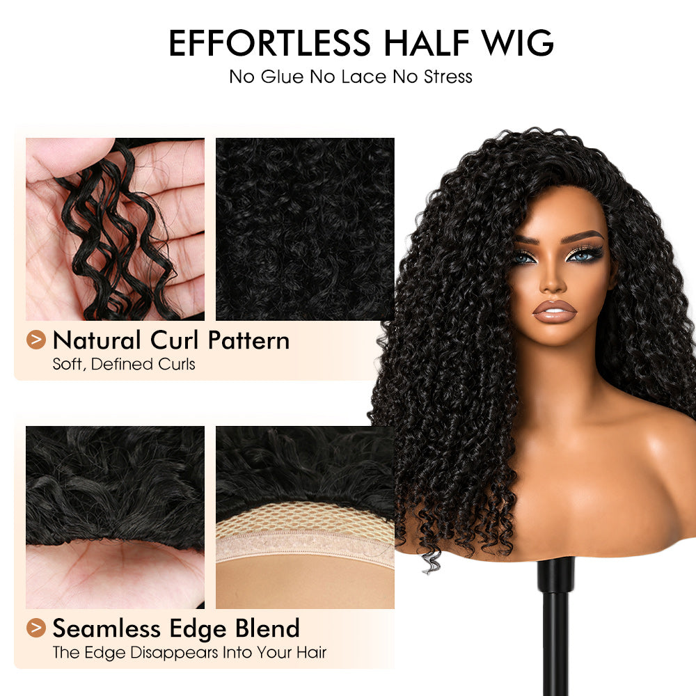 3 In 1 Half Wig | Burmese Curly With Finger Coil Ends Glueless Install Filp Over Half Wig With Adjustable Drawstring