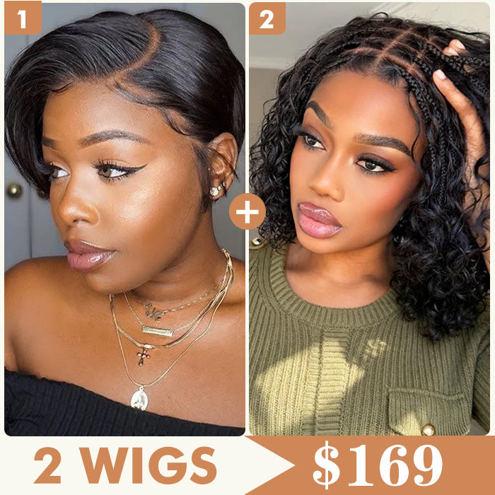 2 Wigs Set |  13x4 HD Lace Layered Pixie Cut Short Bob Wigs & 5X5 HD Lace  Boho Braids Bob Wig Water Wave