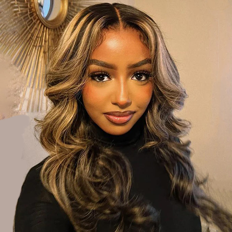 Curtain Bangs 1B/27 Blonde Balayage Highlight Body Wave Wig Glueless HD Lace Human Hair Wigs