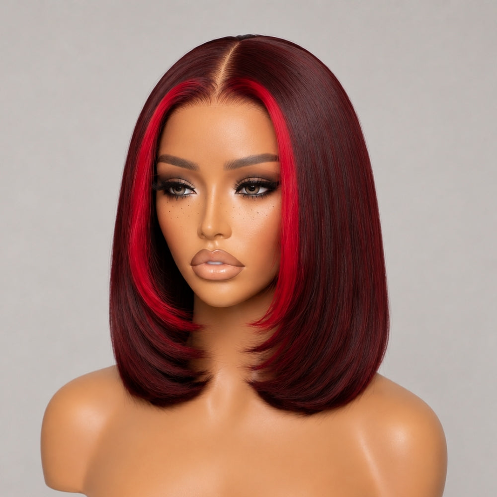 Highlight Red 99J Burgundy 5x5 Pre Cut Straight Glueless Short Bob Lace Wig With Invisi Drawstring Flash Sale