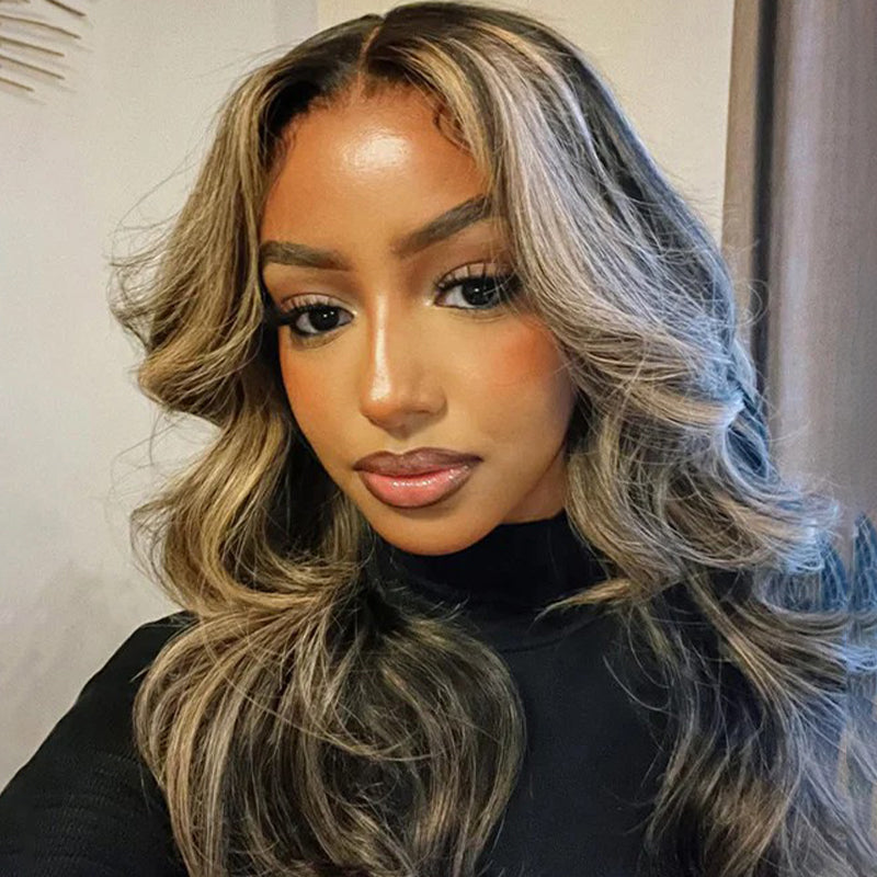 Curtain Bangs 1B/27 Blonde Balayage Highlight Body Wave Wig Glueless HD Lace Human Hair Wigs