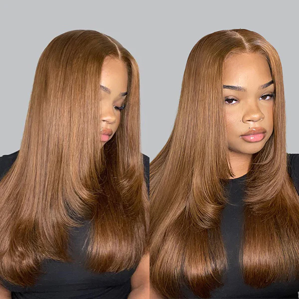 30# Chestnut Brown Color Straight Layered Cut Wigs 8x5 Glueless 180% 250% Human Hair Wigs
