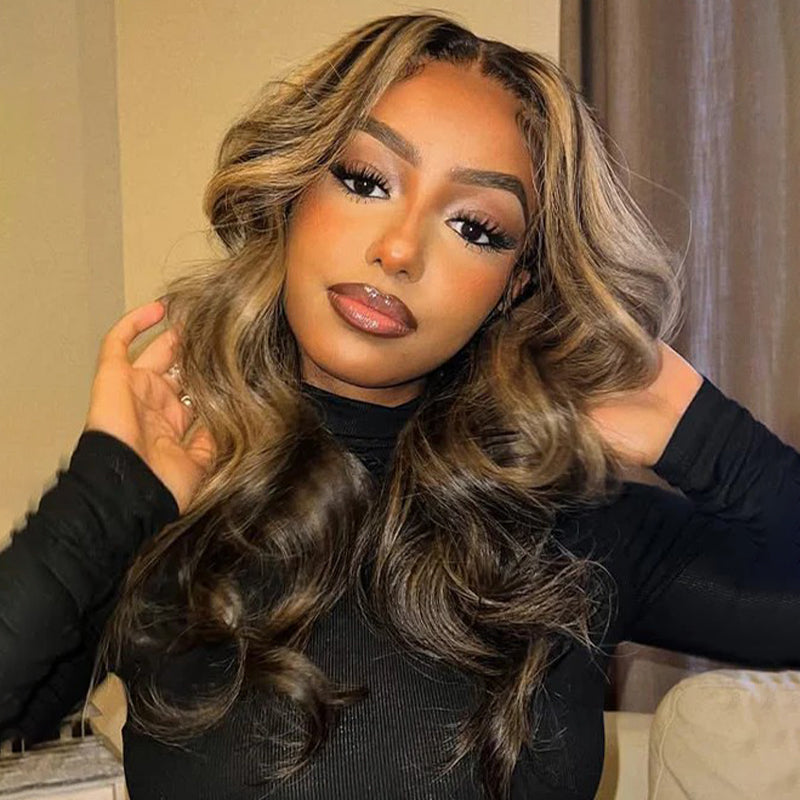 Curtain Bangs 1B/27 Blonde Balayage Highlight Body Wave Wig Glueless HD Lace Human Hair Wigs