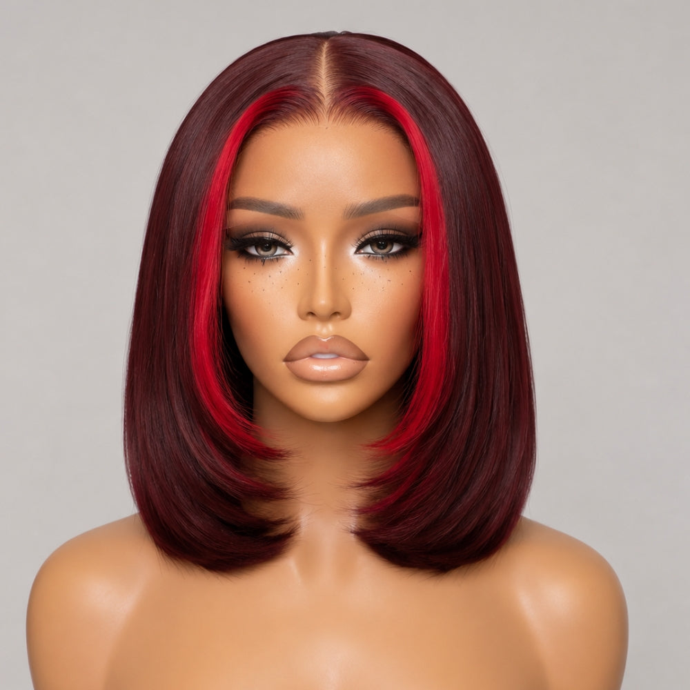 Highlight Red 99J Burgundy 5x5 Pre Cut Straight Glueless Short Bob Lace Wig With Invisi Drawstring Flash Sale