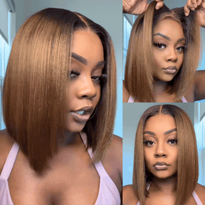 Pizazz Hair Glueless Chestnut Ombre Yaki Straight Bob Wig 8x5 Pre-Cut Lace Human Hair Wig