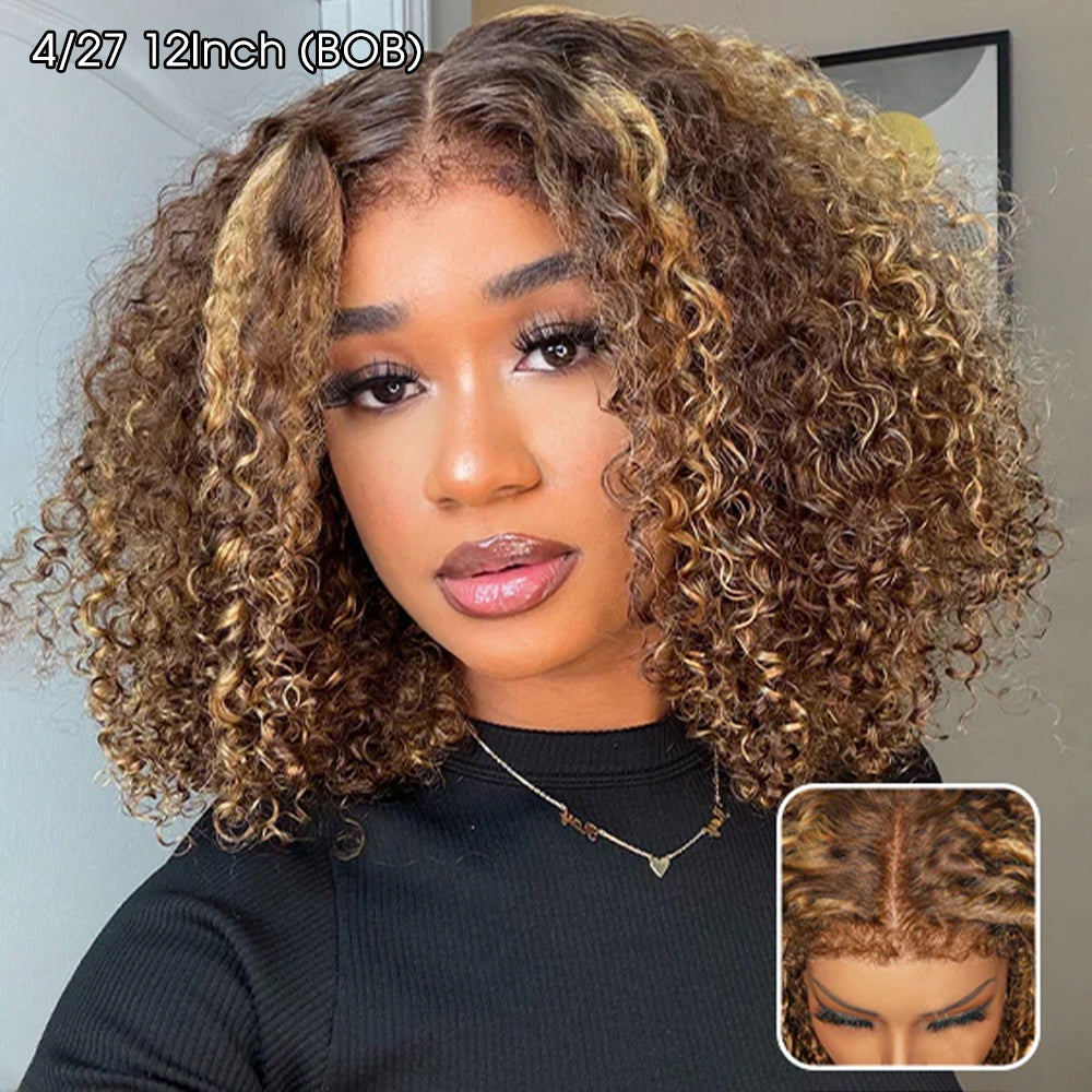 Glueless 4c Edge 4/27 Blonde Highlight Curly 13X4 Lace Wig
