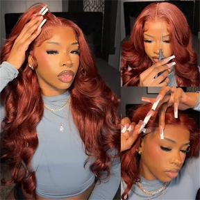 Pizazz 13x6 Full Lace Reddish Brown Human Hair Wigs Body Wave Dark Red Brown Parting Max Wigs Pre Plucked Natural Hairline