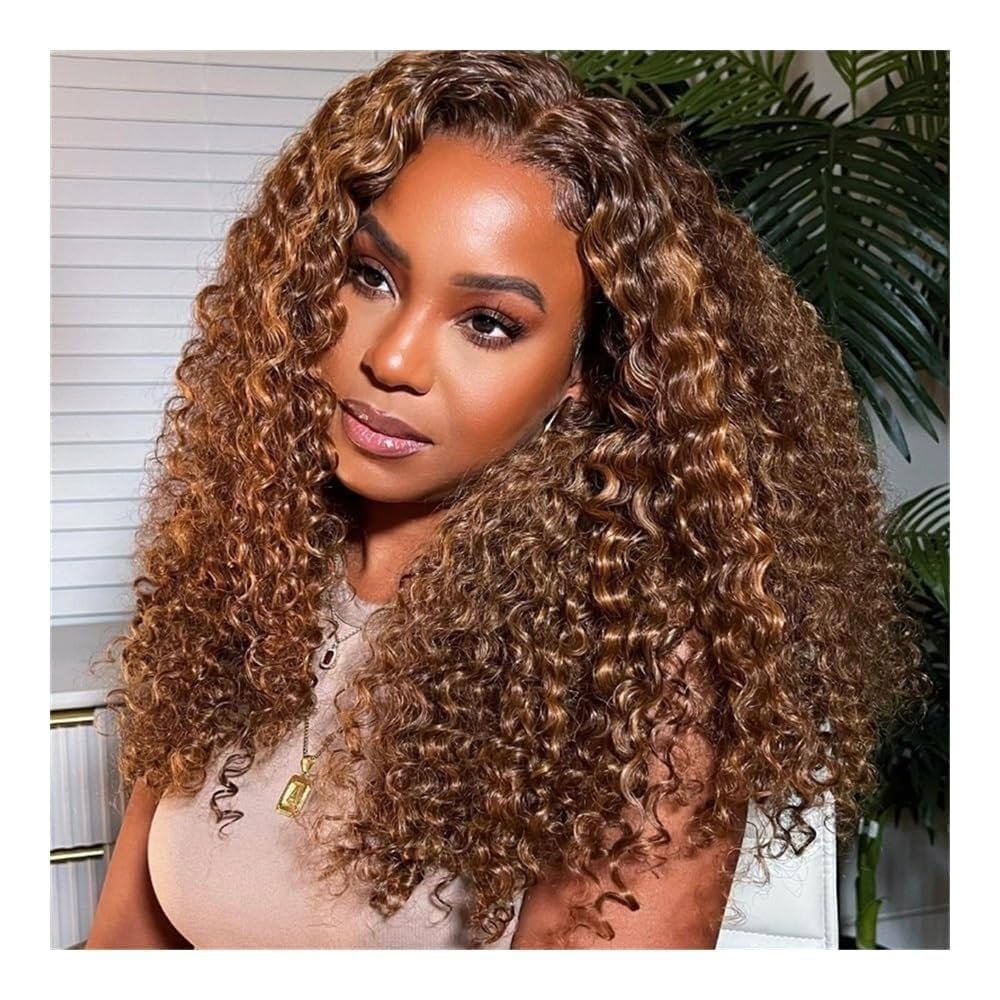 Pizazz 4C Edges Honey Blonde Highlight 4/27 Curly Kinky Edges 13x6 HD Lace Front Wig 100% Human Hair