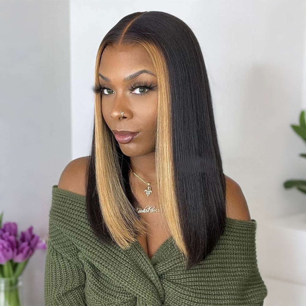 Honey Blonde Face Frame Streak Highlight Straight 13x4 HD Lace Bob Wig