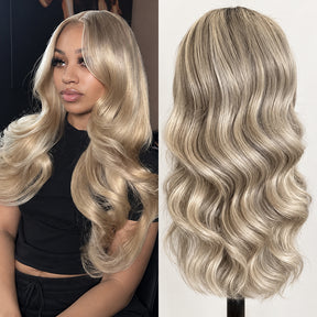 Body Wave Ash Blonde Highlight Glueless Wigs Super Natural Hairline 100% Human Hair Wigs 220% Density
