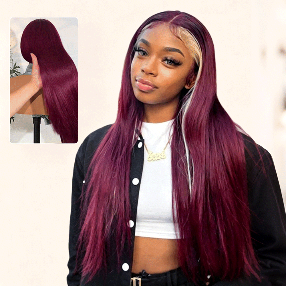 Burgundy With Blonde Highlights 13x6 Lace Front Wig Skunk Stripe Hair Wigs