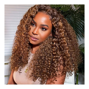 Pizazz 4C Edges Honey Blonde Highlight 4/27 Curly Kinky Edges 13x6 HD Lace Front Wig 100% Human Hair