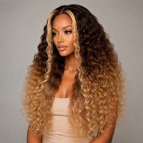Glueless Ombre Brown To Blonde Highlight Deep Wave Lace Front Wig | 220 Density Pre Plucked Human Hair For Women