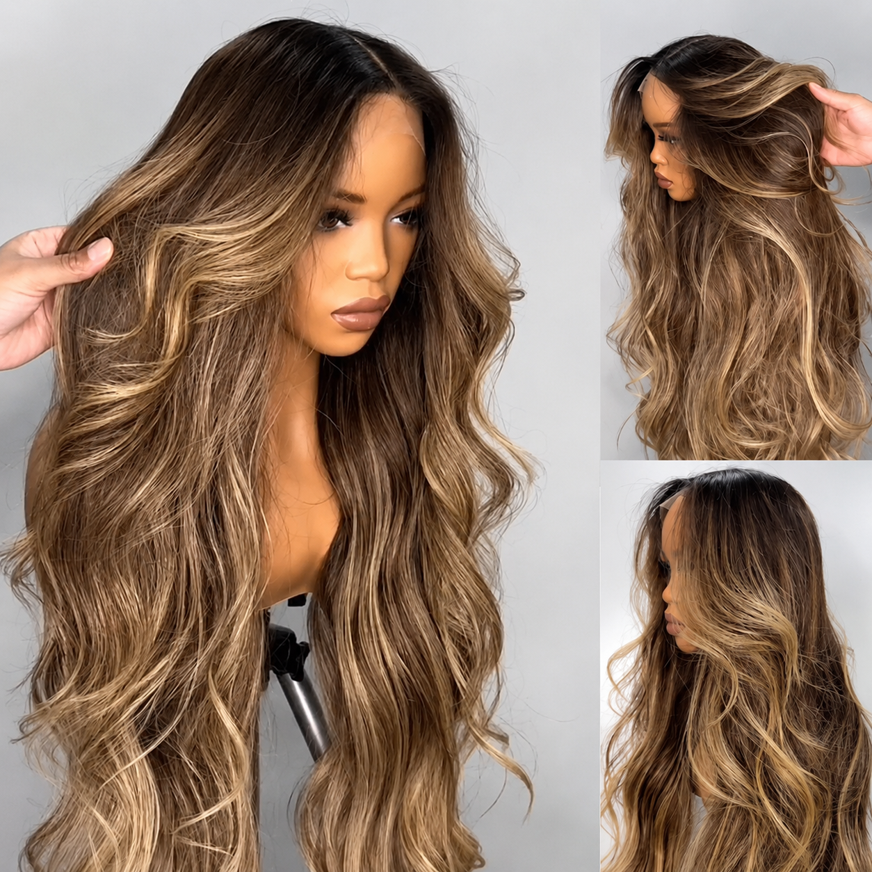 Honey Blonde Mix Brown Highlight Body Wave Glueless 13x4 HD Transparent Lace Front Human Hair Wig Pre‑Plucked Pre‑Cut Lace
