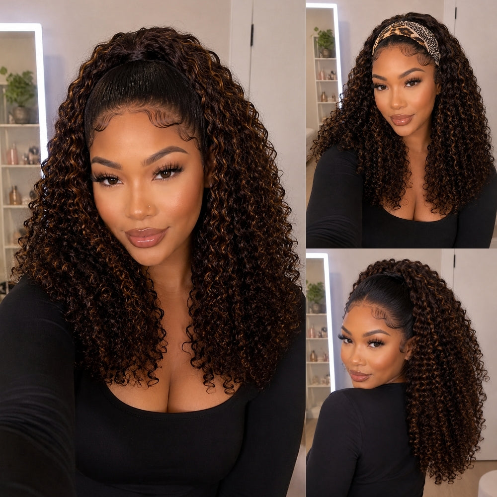3 In 1 Half Wig | Balayage Highlight Ombre Brown Curly No Glue Needed Install Filp Over Half Wig With Adjustable Drawstring
