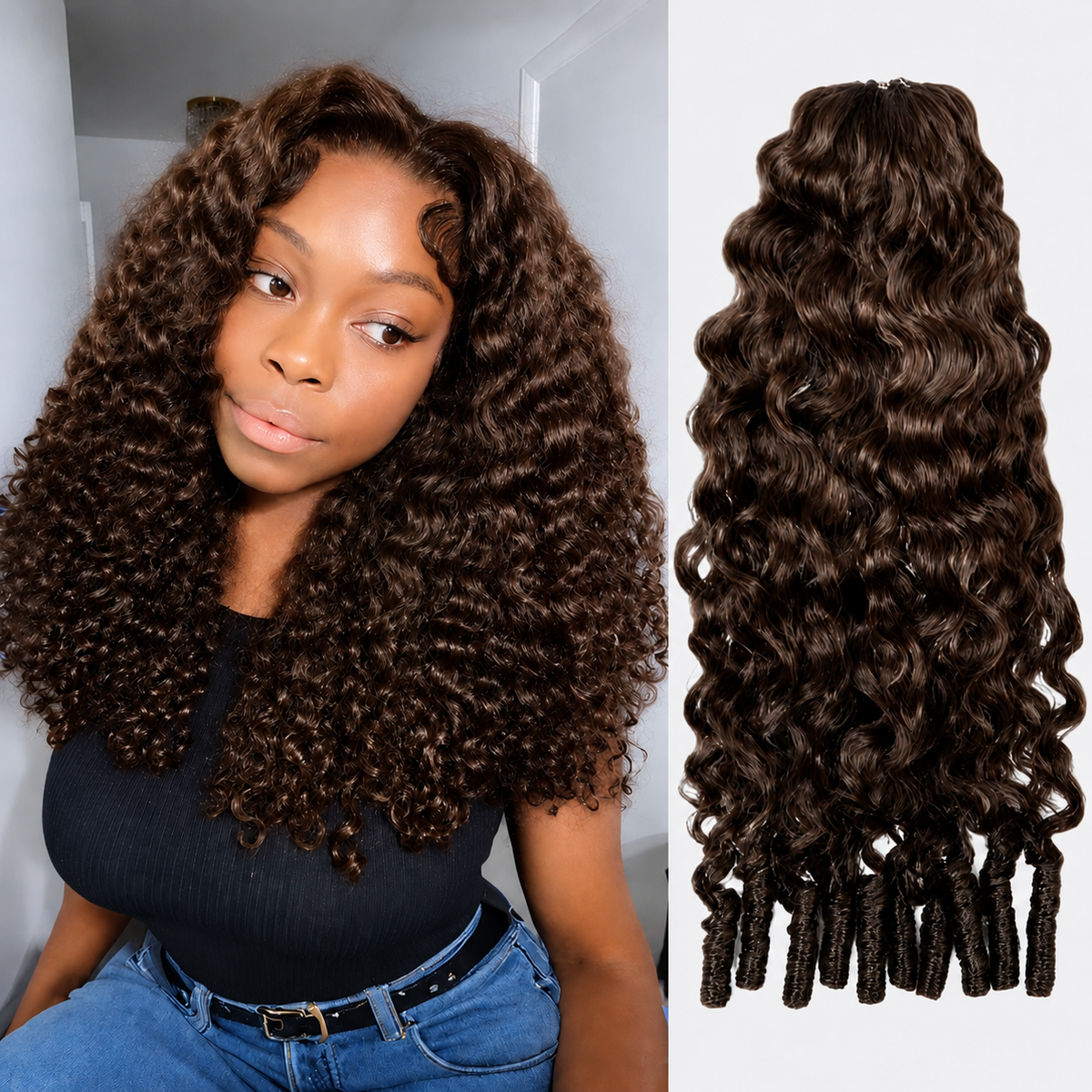 #4 Brown Burmese Curly Crochet Human Hair Pre Separated Miracle Knot Braiding Hair Human Hair For Knotless Boho Braids