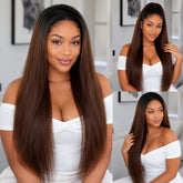 3 In 1 Half Wig | Black To Brown Ombre Straight No Glue Needed Install Filp Over Half Wig With Adjustable Drawstring