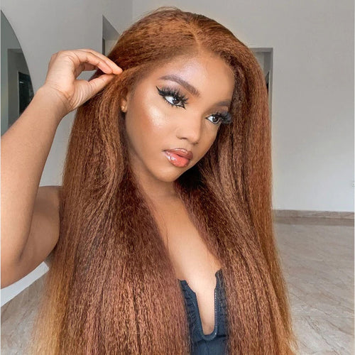 Kinky Edges 30# Medium Auburn Color Kinky Straight 13x4 Glueless HD Lace Human Hair Wig