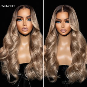 Ash Blonde Mixed Dirty Blonde  With Dark Roots 13x6 HD Glueless Human Hair Wigs 220% Density