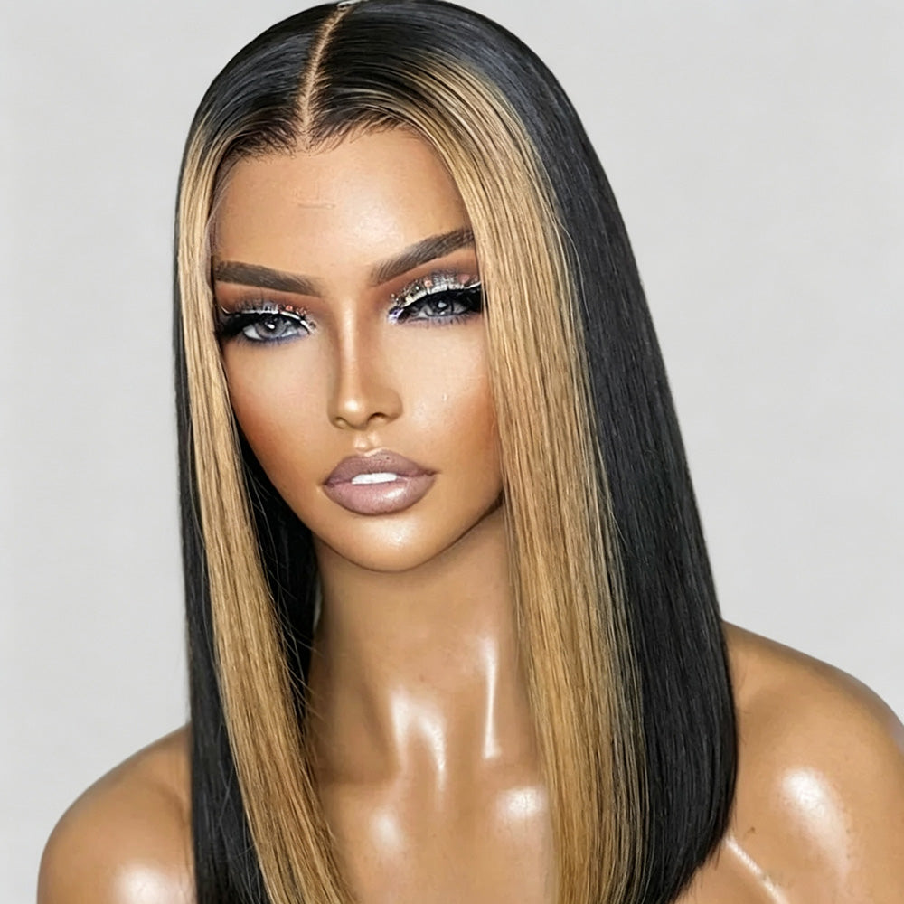 Honey Blonde Face Frame Streak Highlight Bone Straight Long 13x4 13x6 Lace  Frontal Wig
