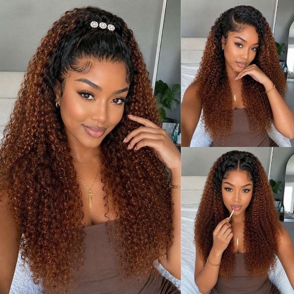3 In 1 Half Wig | Ombre Brown Wig With Black Roots Curly No Glue Needed Install Filp Over Half Wig With Adjustable Drawstring