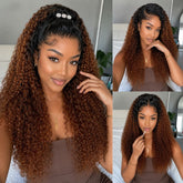 3 In 1 Half Wig | Ombre Brown Wig With Black Roots Curly No Glue Needed Install Filp Over Half Wig With Adjustable Drawstring