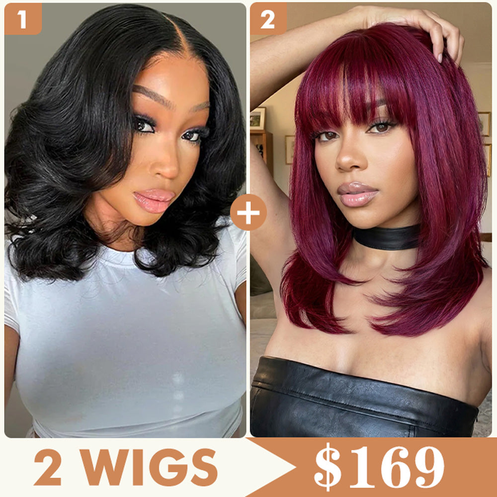 2 Wigs Set | 5x5 HD Lace 3D Body Wave Bob Wig & Layered Blowout 99J Burgundy Sleek Bob Machine Made Wig