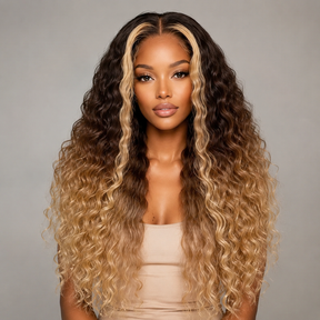Glueless Ombre Brown To Blonde Highlight Deep Wave Lace Front Wig | 220 Density Pre Plucked Human Hair For Women