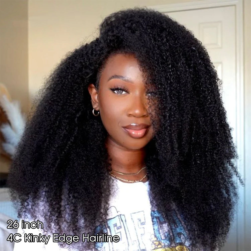 4C Hairline Afro Kinky Curly Wig 220% Density 13x4 Glueless HD Lace Wig