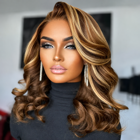 Honey Blonde Highlight Short Loose Wave Bob Wig Glueless 8x5 13x4 Pre-Cut Lace Wig with Pre Plucked Hairline 220% Density