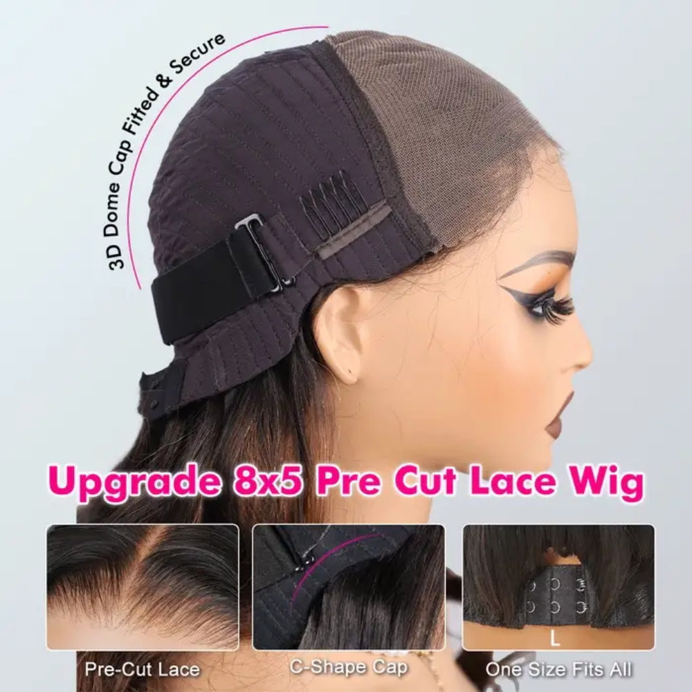 Pizazz Hair Chocolate Brown Body Wave With Curtain Bangs Wig 8×5 Pre-Cut Glueless Lace Wig 180%