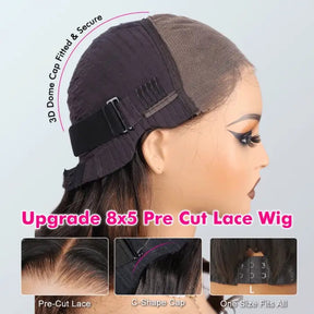 Pizazz Hair Chocolate Brown Body Wave With Curtain Bangs Wig 8×5 Pre-Cut Glueless Lace Wig 180%