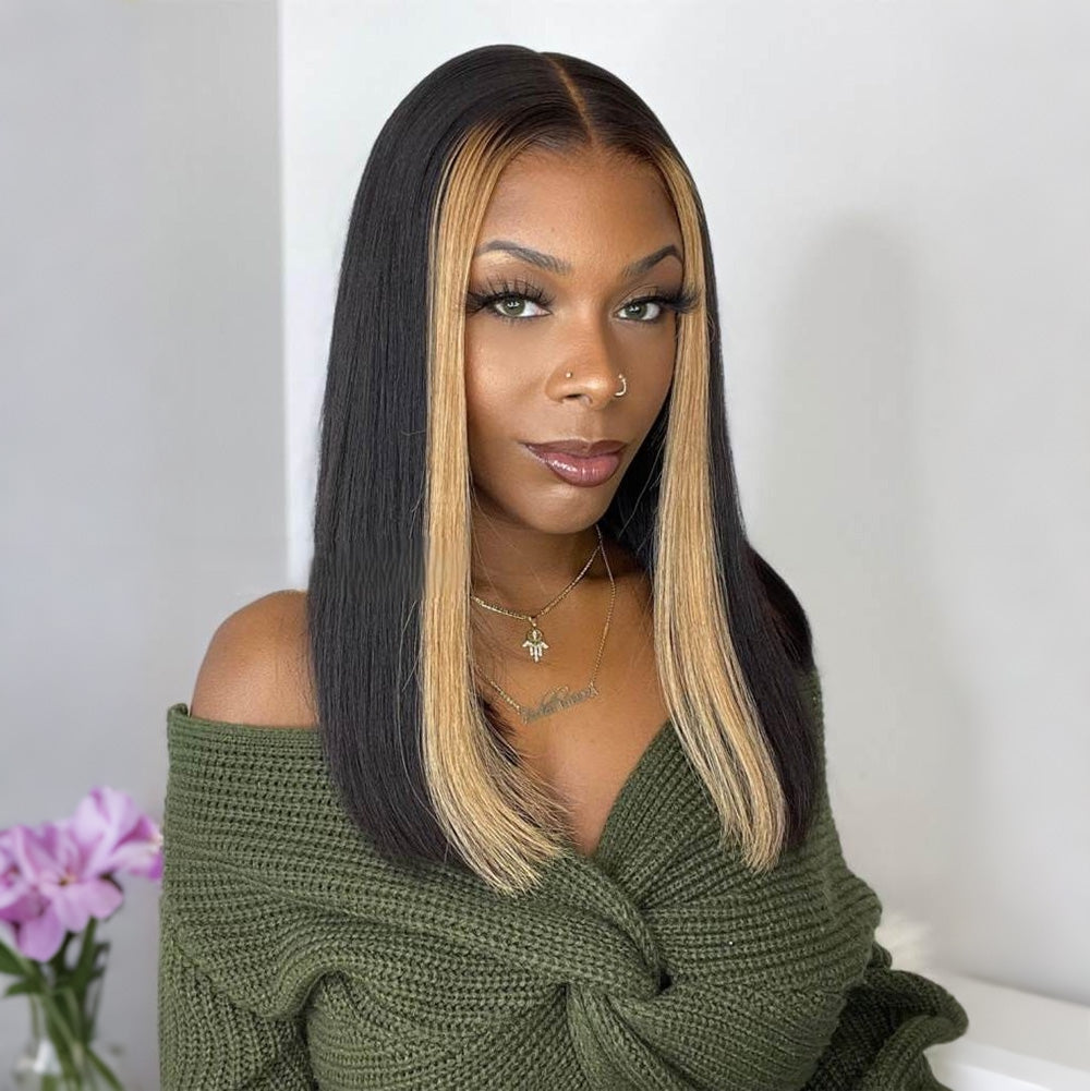 Honey Blonde Face Frame Streak Highlight Straight 13x4 HD Lace Bob Wig