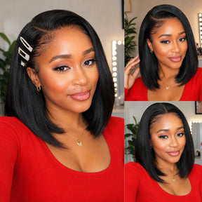 3 In 1 Half Wig | Yaki Straight Bob 220% Density Comfortable Fit Glueless Install Filp Over Half Wig With Adjustable Drawstring