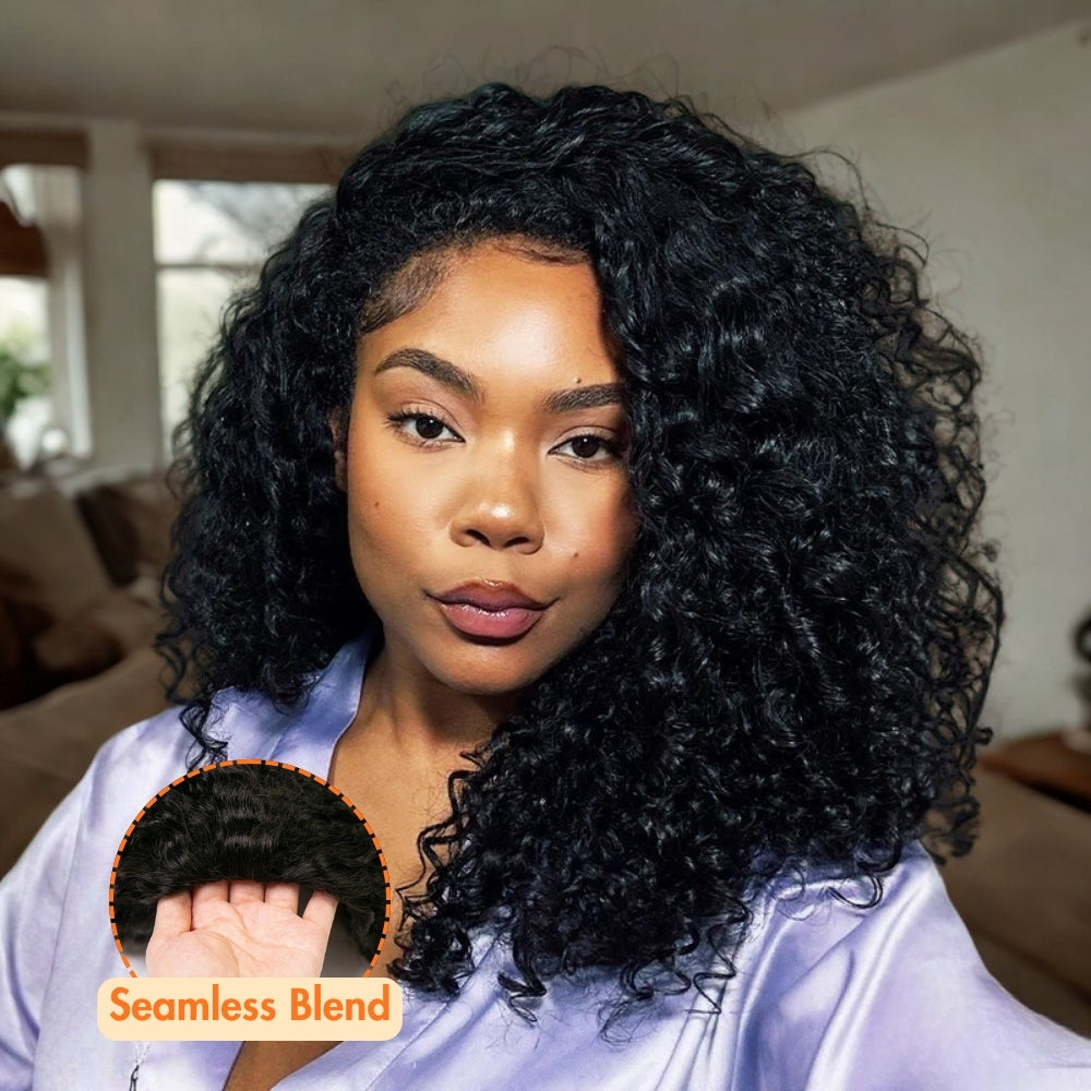 3 In 1 Half Wig | Burmese Curly With Finger Coil Ends Glueless Install Filp Over Half Wig With Adjustable Drawstring