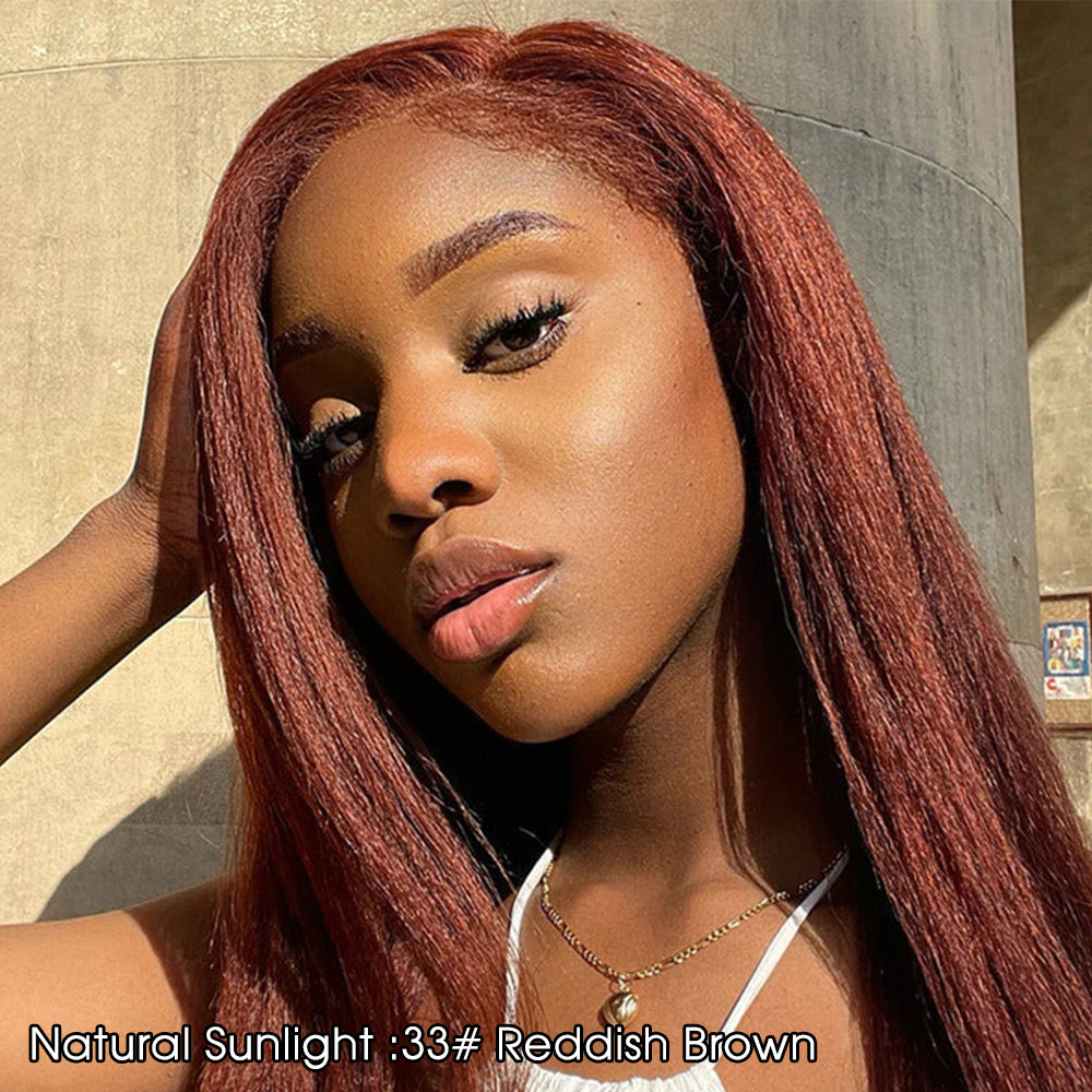 Kinky Edges 30# Medium Auburn Color Kinky Straight 13x4 Glueless HD Lace Human Hair Wig