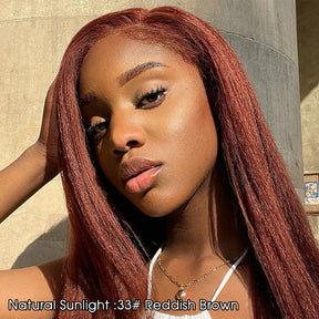 Kinky Edges 30# Medium Auburn Color Kinky Straight 13x4 Glueless HD Lace Human Hair Wig