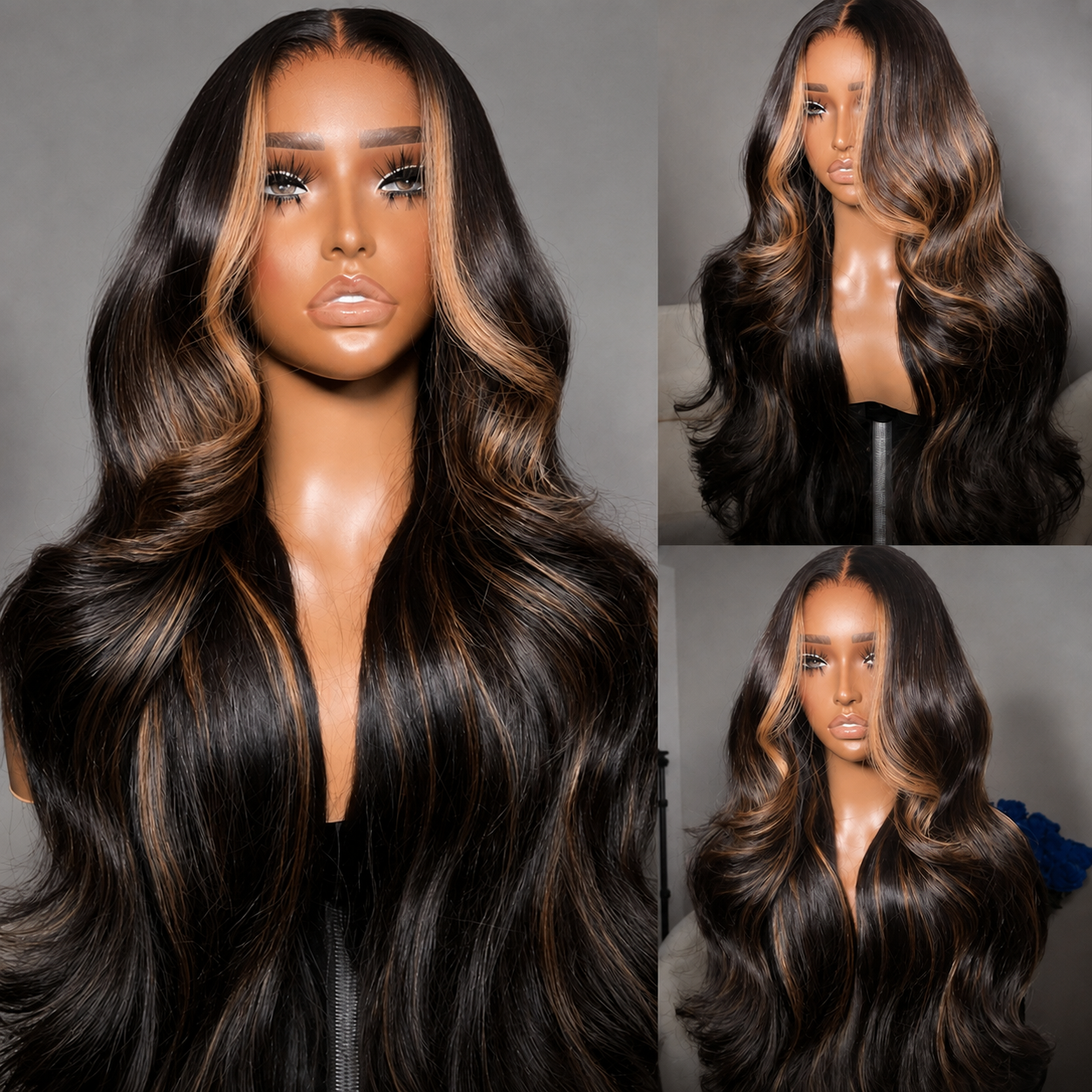 Money Piece Skunk Stripe Highlight Brown Body Wave Lace Front Wigs Glueless Human Hair For Women