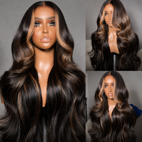 Money Piece Skunk Stripe Highlight Brown Body Wave Lace Front Wigs Glueless Human Hair For Women