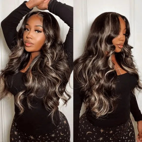 Pizazz Hair #1b/613 Platinum Blonde Highlights Body Wave 13x6 Glueless Drawstring Wig 250% Density