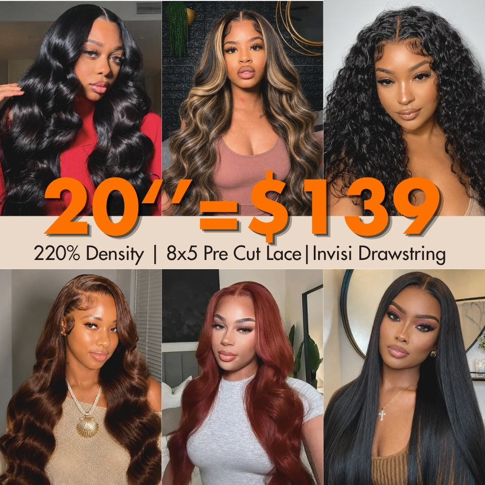 20''=$139| 220% Density Silky Straight/ Body Wave/ Water Wave 8x5 Pre Cut Lace Wigs Flash Sale