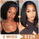 2 Wigs Set | Deep Wave Glueless Bob Wig Headband Wig & Straight Glueless Bob Wig Headband Wig