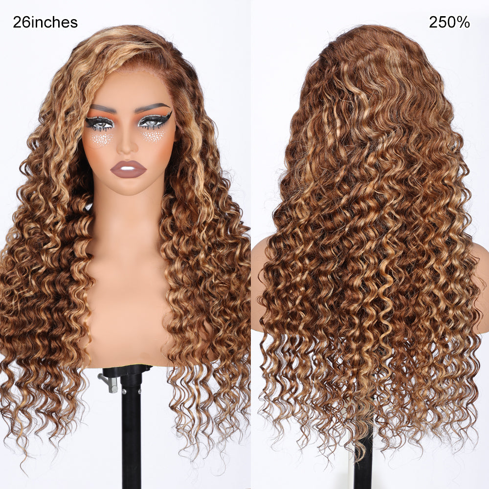 Pizazz Hair 13x6 Highlight 4/27 Color  Deep Wave Lace Front Wigs Human Hair Ombre Curly Glueless Wig