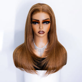 30# Chestnut Brown Color Straight Layered Cut Wigs 8x5 Glueless 180% 250% Human Hair Wigs