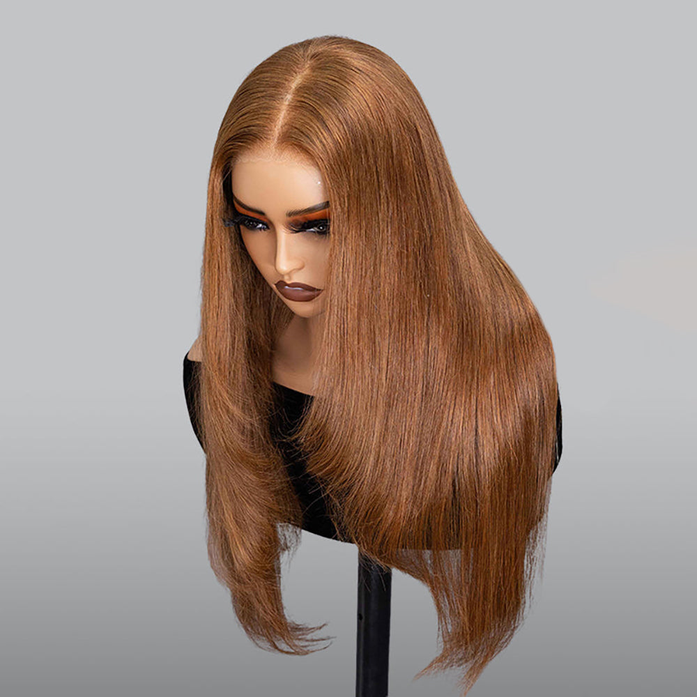 30# Chestnut Brown Color Straight Layered Cut Wigs 8x5 Glueless 180% 250% Human Hair Wigs